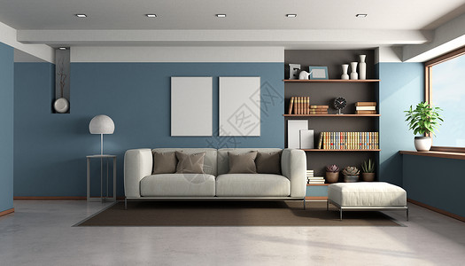 蓝色客厅有现代沙发和背景书架3D为蓝色客厅配有现代家具白色的灯当代图片