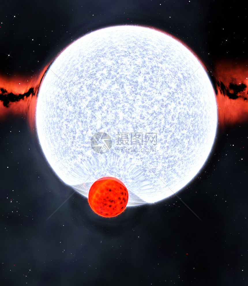 电晕核使成为红色矮星蓝巨和重力透镜效应的二元恒星系统3D图片