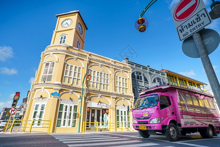 在泰国普吉老城区PhuketOldTown普吉古城建中葡萄牙筑旅行西诺复古的背景