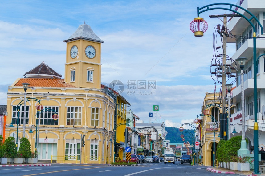 传统的遗产在泰国普吉老城区PhuketOldTown普吉古城建中葡萄牙筑框架图片