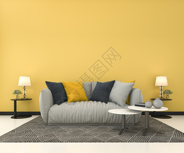 工作室3d在有沙发的客厅装上黄色墙壁书经典的图片