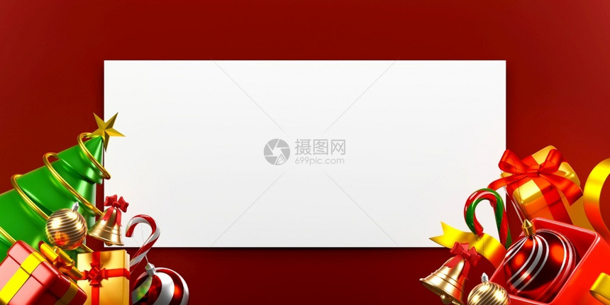 派对最小的用圣诞装饰品制作红色背景的白皮书模型3d插图卡片图片