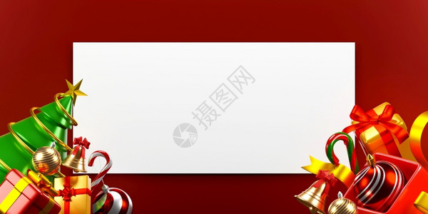 派对最小的用圣诞装饰品制作红色背景的白皮书模型3d插图卡片图片
