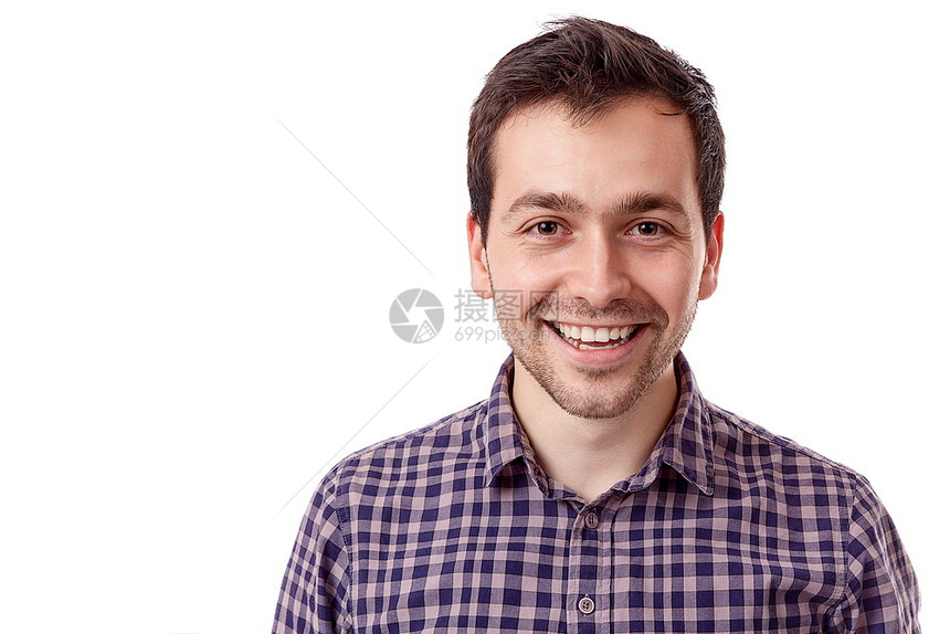 年轻英俊男子在白色背景下微笑时髦的学生男图片