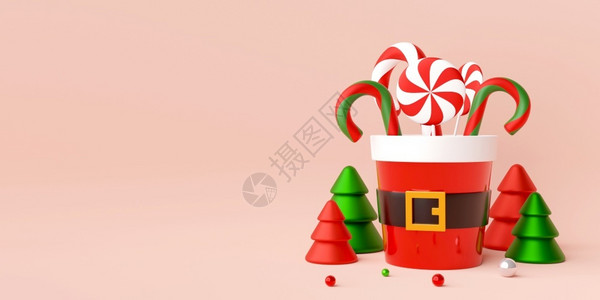 海报3D插图圣诞树杯中的糖果甘蔗横幅圣诞老人冬天图片