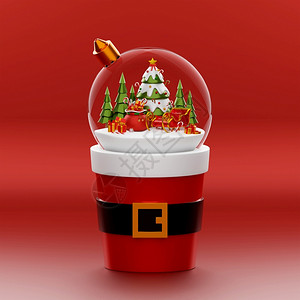季节3D插图红色背景的圣诞树杯上地球派对盒子图片