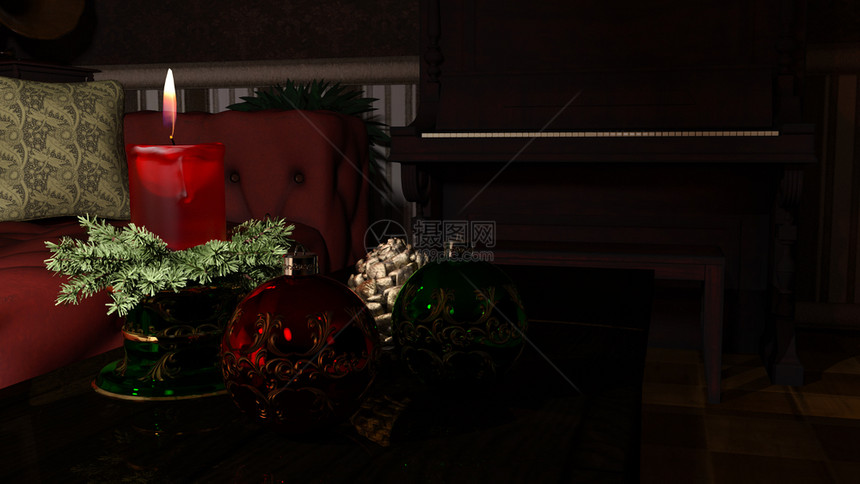 沙发宗教室内深色背景上的圣诞蜡烛和装饰品室内深色背景上的圣诞蜡烛和装饰品3d渲染火焰图片