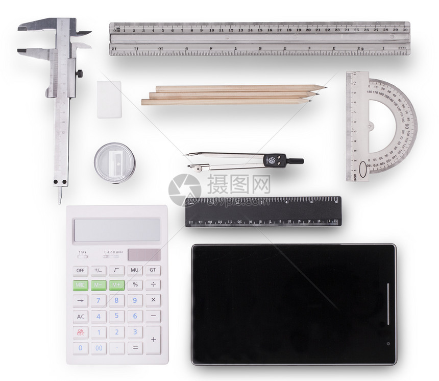 白色背景的商业概念平板计算器标尺铅笔和指南针工作学生文书图片