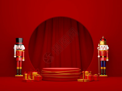 红色小夹子宣传册3d插图带有坚果的产品几何讲台圣诞节主题松树卡片设计图片