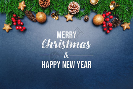 金子圣诞松树蓝色背景的xma装饰白色的派对图片