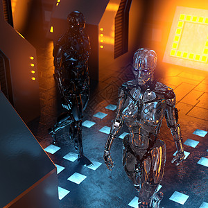 两个半哈密瓜未来主义房间里的两个金属机器人3d渲染未来主义房间里的两个金属机器人半械智力科幻设计图片