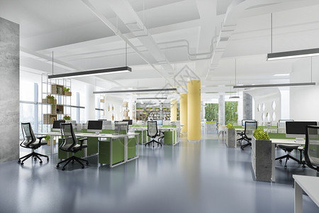 笔记本电脑现代的建成举行3次商务会议和配有绿色黄装饰品的办公大楼工作室会议背景图片