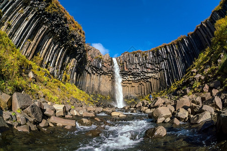 史克卡瀑布地标环境目的冰岛斯瓦尔蒂弗由黑色玄武岩熔六角柱环绕的戏剧瀑布背景