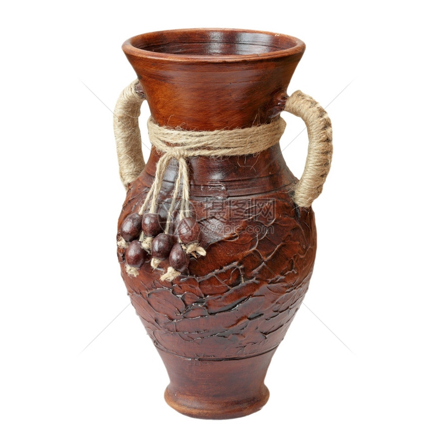 白色背景上孤立的传统粘土棕色花瓶投手浅褐的肮脏图片