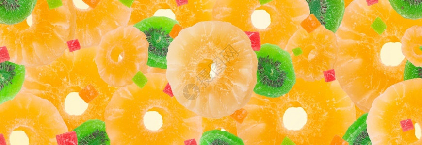 营养丰富糖Kiwi和菠萝干果甜美多彩背景含罐头水果全景图象健康图片