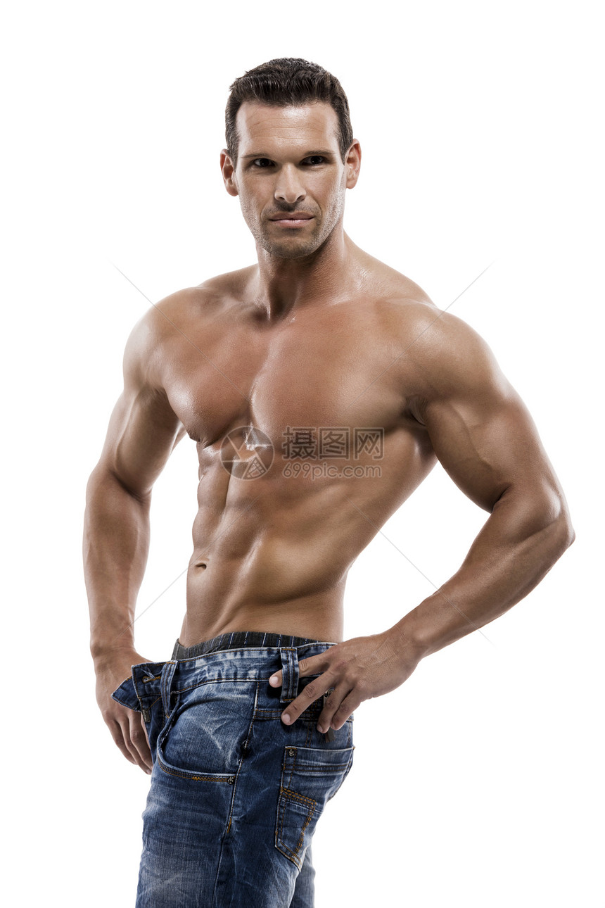 肌肉男在演播室装扮被白种背景隔离运动员身体健美图片