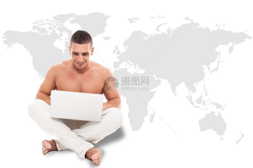 白胸裸的人男子在世界上用笔记本在地工作轮廓灰色的白种人图片