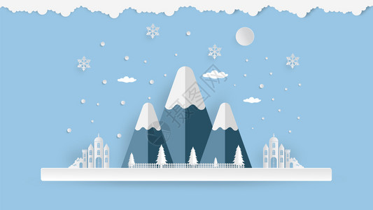 圣诞快乐新年天空上山地的展示纸艺术与数字手工风格等都来到了城市克劳斯轮廓树背景图片