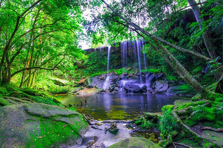 克拉登翠的泰PhuKradueng公园深林中美丽的热带雨林瀑布泰国图片
