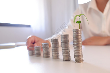 支付用于金融和银行业务概念的硬币堆叠种植厂经济的商业图片