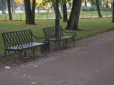 长椅秋天市公园的班子树木花图片
