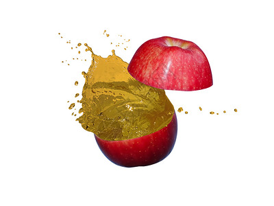 绿色洒可口苹果被切成两部分苹果汁在白背景上喷溅着背景图片