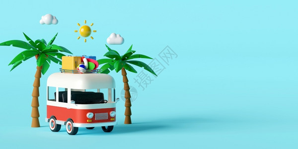 台阶到天堂暑假概念乘面包车到海滩旅行乘坐蓝色背景棕榈树下的旅行附件3d插图冲浪请享用海洋设计图片