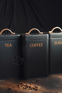 用具复古的炊3套装有茶咖啡和糖的储罐锡三套黑藏罐图片