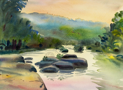 绿色原始风景绘画多彩的山河岩石和黄色橙背景的情绪以及插图天空图片
