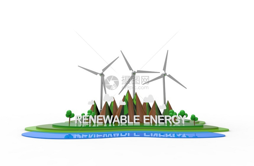 环境的生态经合组织自然景观山涡轮机树木在白色背景3D插图中孤立的可再生能源图片