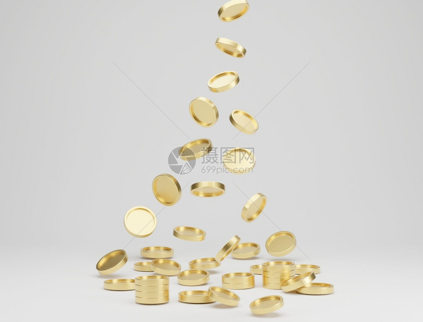 金币跌落或飞在白色背景的彩票或赌场3级概念上黄色的金子飞行图片