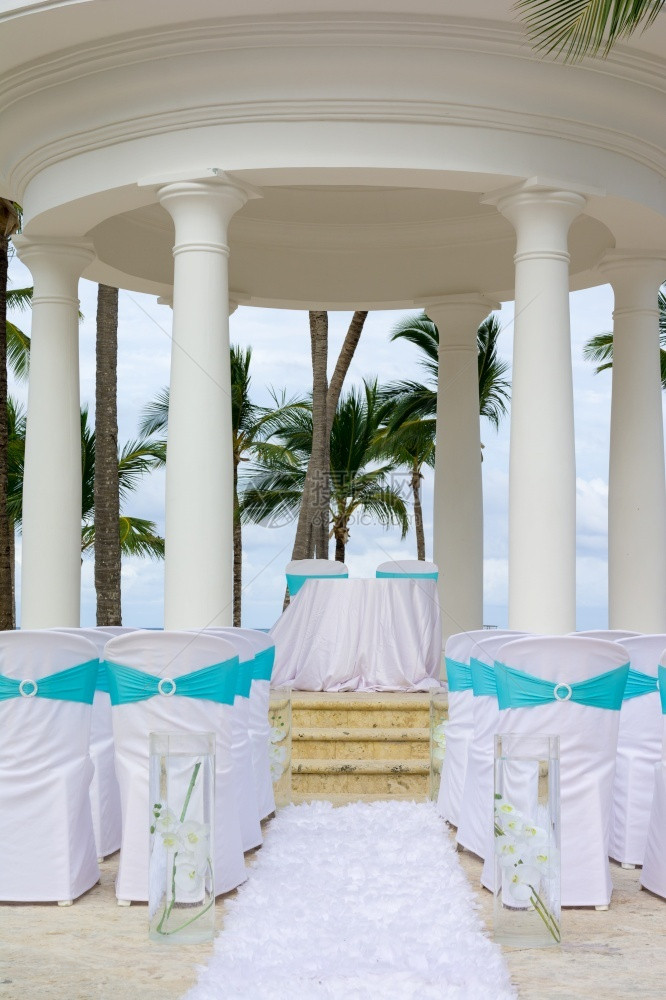 在加勒比海滩巴瓦罗蓬塔卡纳多米尼加的热带婚礼绿色蓝的白图片