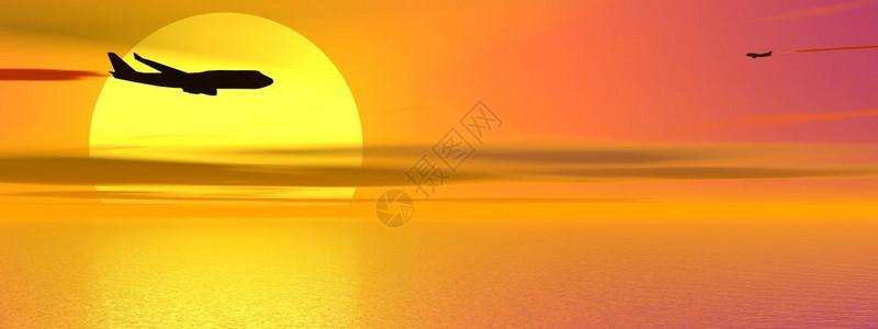 波音公司颜色航天两架飞机在日落前行的影子全景设计图片