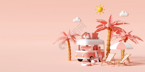 粉色海滩暑假概念乘面包车前往海滩旅行车上载有附件在海滩上以粉红背景泊车3D插图颜色放松异常设计图片