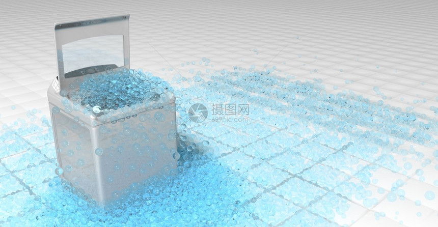 洗涤溅白衣机门开着的白色洗衣机顶上是蓝色圆形泡沫溢出白色广场地板3D溢出说明插图图片