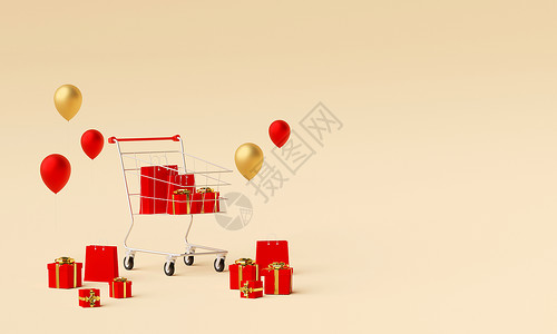 网站设计购物袋和礼品的广告横幅背景3D投影三维手机快乐的卡片图片
