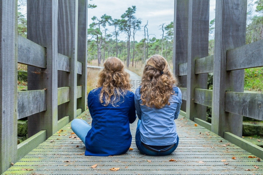 树木两个姐妹坐在桥上看着森林的景象自然而地坐着木桥面孔秋天图片