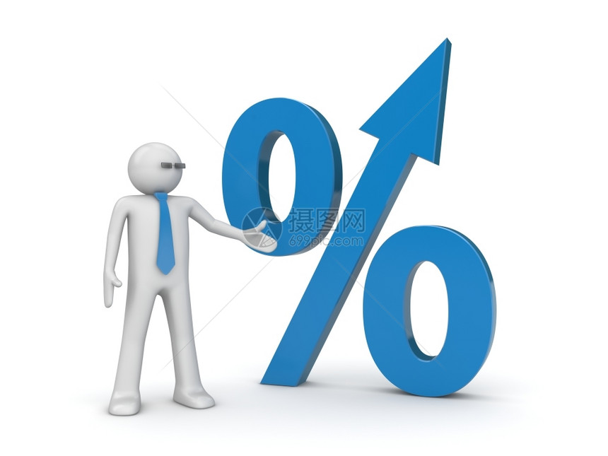 投资收入商人和百分率在白色背景系列中签名3D孤立字符蓝色的图片