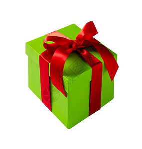 缎包裹问候绿色礼品盒白背景的红丝带被孤立图片