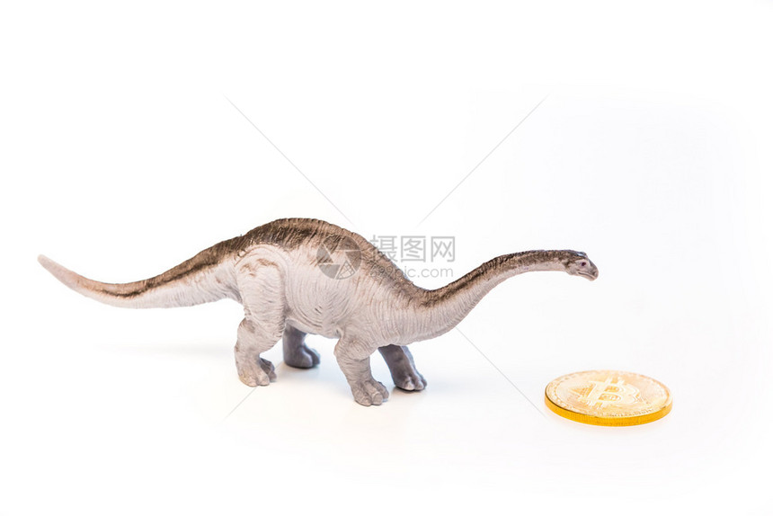 虚拟的恐龙遇见比特币概念孤立在白色恐龙遇见比特币概念孤立爬虫进步图片