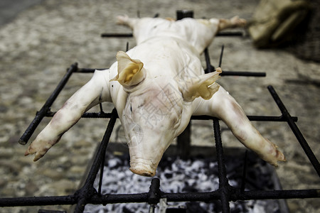 乳猪熟食肉的详细节素食牛排吃猪食主义者火烧烤背景图片