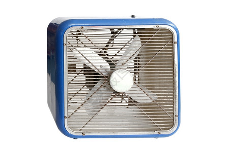 复古立式电风扇转弯盒子刀白色背景的蓝复古电风扇设计图片