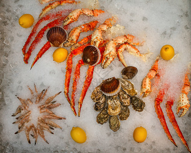 店铺海产食品在鱼市的冰面上富含大量海产食品的托盘贝类牡蛎图片