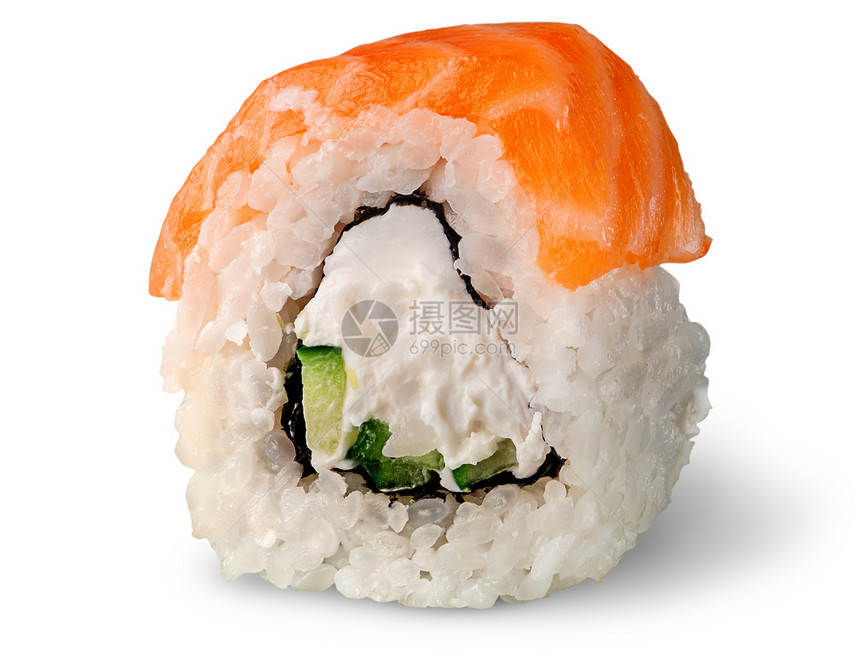 生鱼片橙海费城寿司卷的单片以白色背景旋转孤立于白底图片