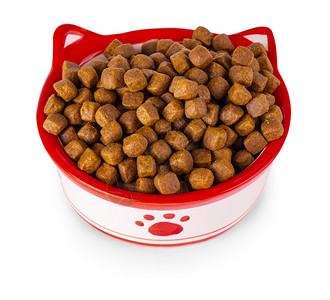 新鲜的最佳碗里干猫食白底孤立棕色图片