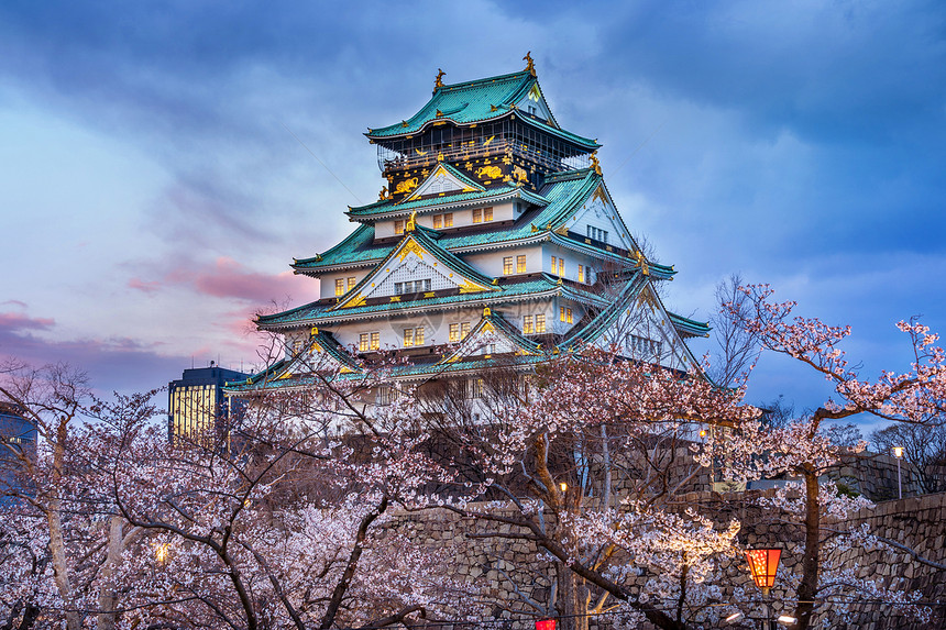 日本大阪樱花和城堡文化传统的盛开图片