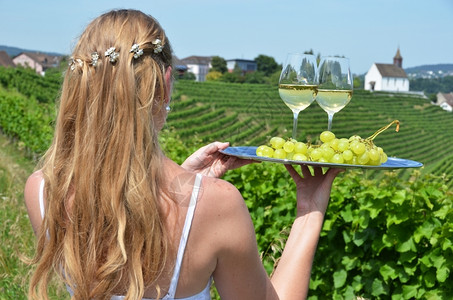 服务瑞士Rheinnau葡萄园盘子上酒和葡萄的女童生长成熟图片