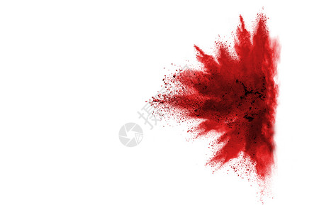 白背景的红色粉末爆炸彩云多的灰尘爆炸发光有色模型图片