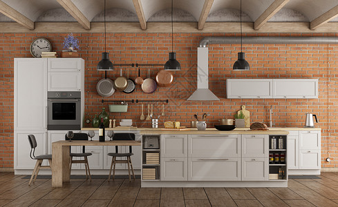建筑学旧内地有岛墙和砖的重白厨房3D制成Retro白色厨房旧内地有砖墙渲染厨具背景图片