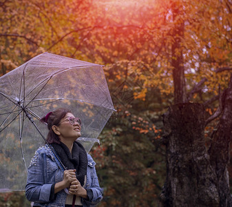秋冬新品上市游客快乐的有雨伞亚洲女人站在多姿彩的贾潘公园中季节变秋冬东京背景